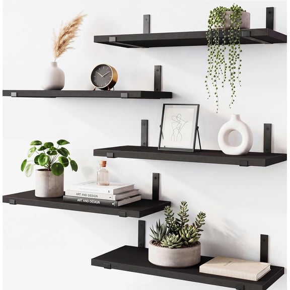 Floating Shelves for Wall with Wood and Set of 5 43 Pounds, Black