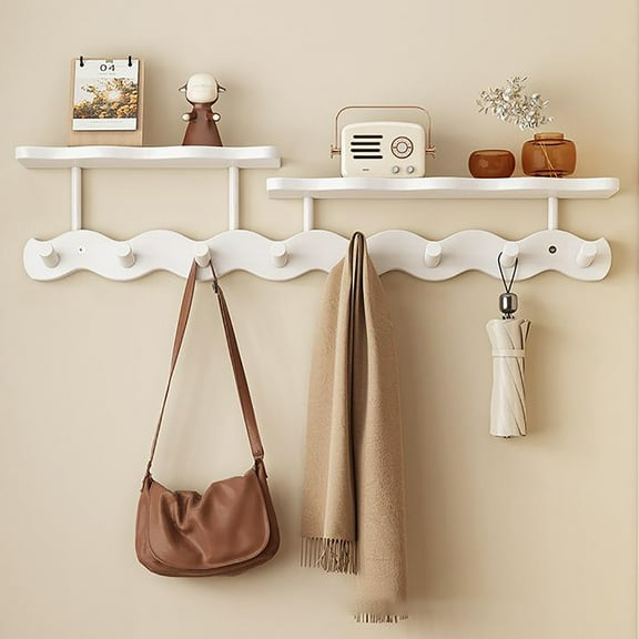 Floating Shelves with Hooks,Coat Rack Shelf Wall Mounted,Wood Coat Rack,for Bedroom, Living Room, Bathroom, Kitchen, Picture Ledge,White