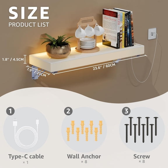 Floating Shelves with LED Lights - Foldable Wall Shelf Glowing Warm White for Living Room Bedroom Study Decor