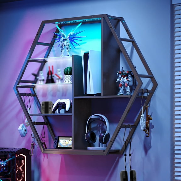 Floating Shelves with Lights, Led Shelves for Wall, Gaming Room Decor Display Shelf, Lighted Shelves, Extra Hanging Hooks Storage