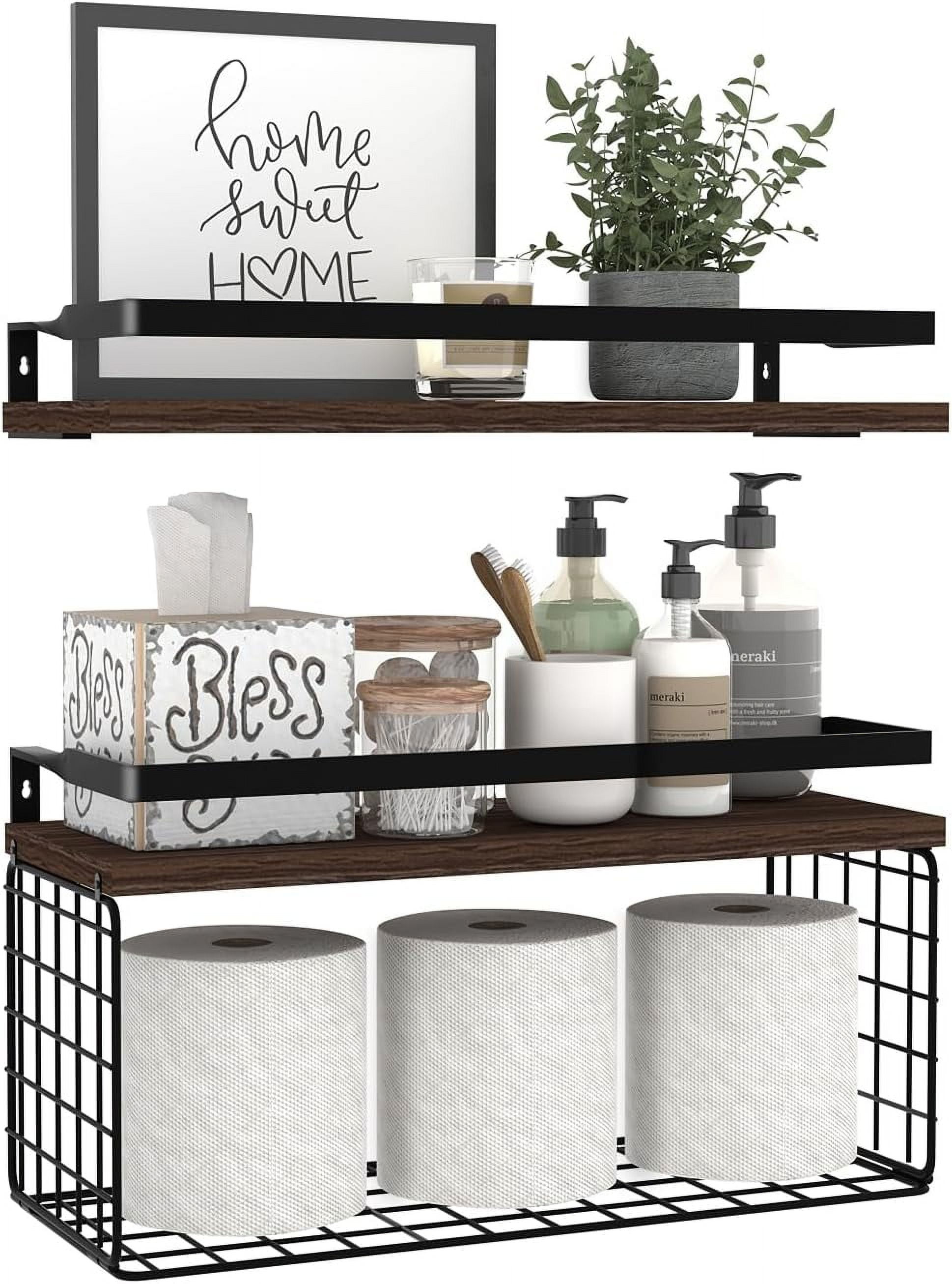 Floating Shelves with Wire Storage Basket, Bathroom Shelves Over Toilet, Set of 2