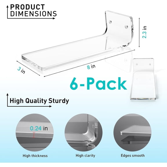 Floating Shoe Display Shelves for Wall Mount Set of 6 - Clear Acrylic Floating Shelves for Showcase Sneaker Collection or Shoes Box