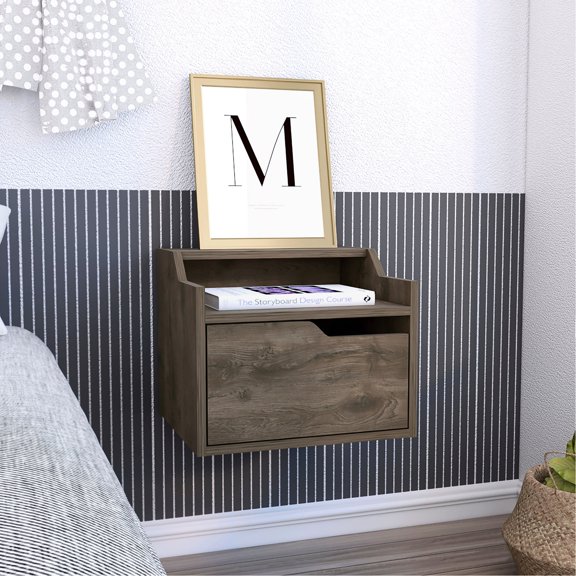Floating Side Table with Drawer and Dual Tier Shelves / Easy Assembly in Any Space