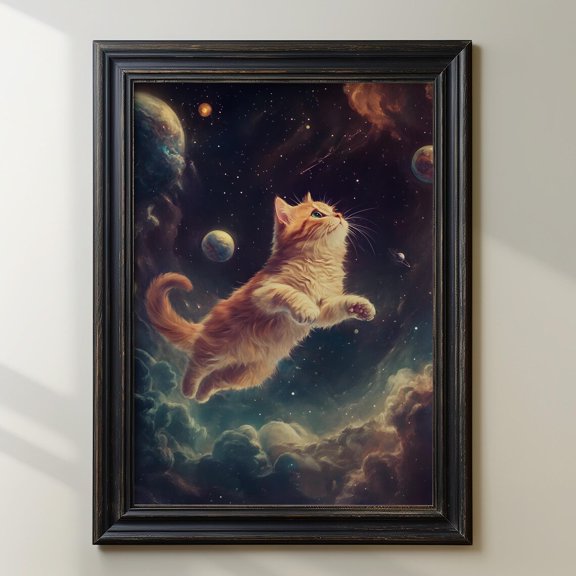 Floating Space Cat Poster, Surreal Galaxy Kitten And Whimsical Cosmic Adventure