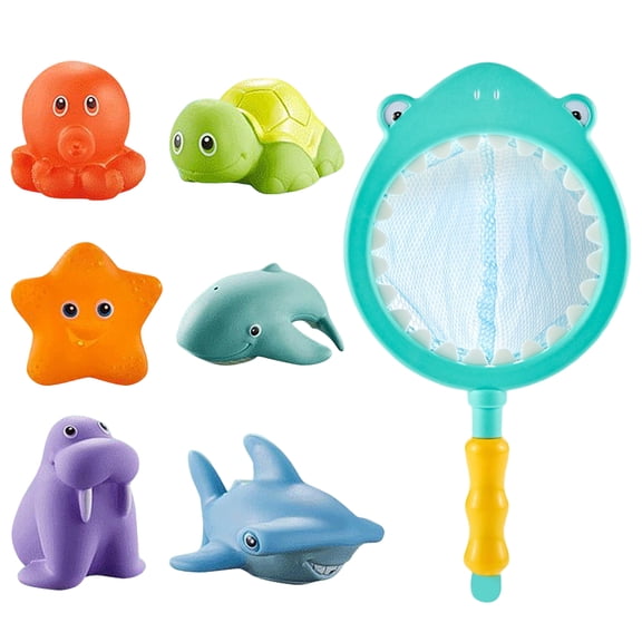 Floating Squeeze Animal Squirt Toy Fishing Net Kids Bath Set, Toddlers Shower Time Distraction Interactive Water Table Play, Non Toxic BPA Free Smooth Catching Sensory Games For Babies