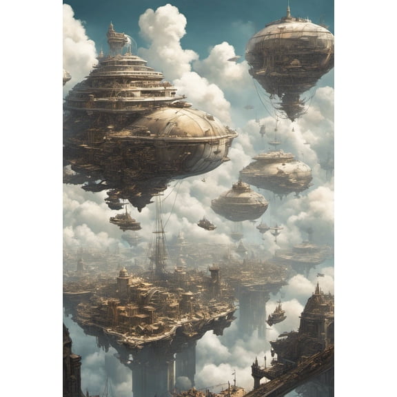 Floating Steampunk City Digital Matte Painting - 12" x 18" Art Print Wall Decor