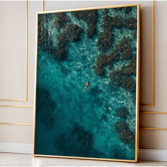 Floating Swimmer Ocean Wall Art Printable Aerial Sea Coastal Minimal Decor for Beach House Unframed Paper Print