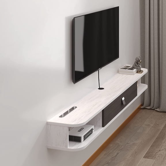 Floating TV Console, 70'' Wall-Mounted Media Console TV Cabinet Floating TV Stand Entertainment Shelf with Door and Storage (Grayish-White)