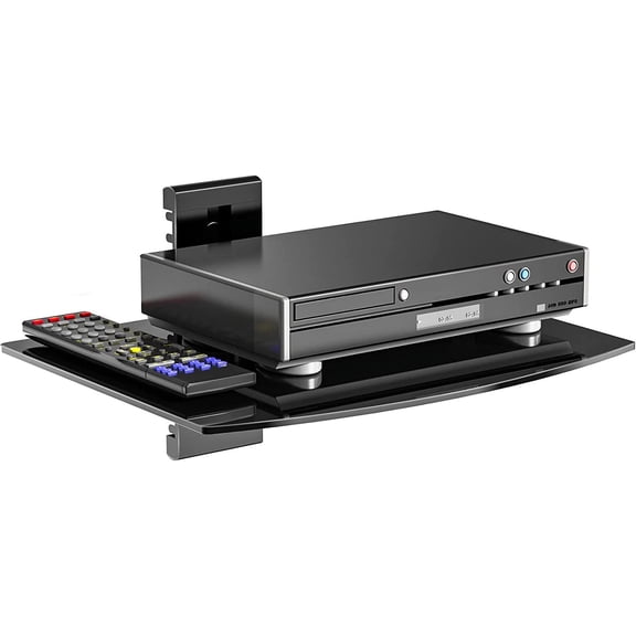 Floating TV Shelf, 1 Tier Glass Projector Shelf for DVD Players, Routers, Game Consoles, Cable Boxes, Living Room Decor, Wall Mount Shelves Hold Up to 17.6lbs (CS201B), 1-Shelf, Black
