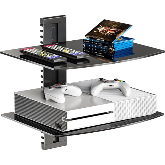 Floating TV Shelf, 2 Tier Glass Projector Shelf for DVD Players, Routers, Game Consoles, Cable Boxes, Living Room Decor, Wall Mount Shelves Hold Up to 17.6lbs (CS202B), 2-Shelf, Black