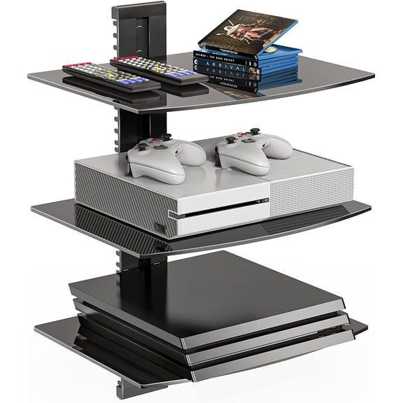 Floating TV Shelf, 3 Tier Glass Projector Shelf for DVD Players,Routers, Game Consoles, Cable Boxes, Living Room Decor Accessories, Wall Mount Shelves Holds Up to 17.6lbs(CS303B), 3-Shelf, Black