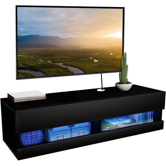 Floating TV Shelf Wall Mounted TV Stand, Floating Entertainment Center Under TV Shelf Floating Media Console with Storage for Living Room and Bedroom, Black