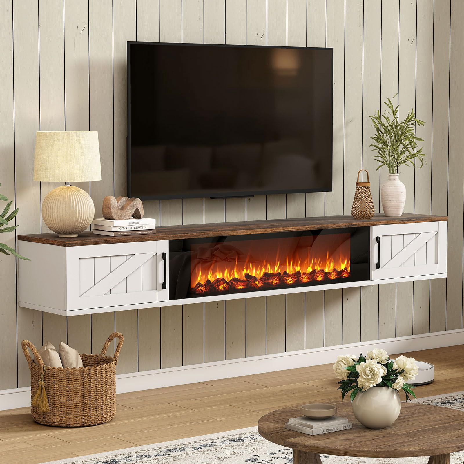 Floating TV Stand with 36 Inch Electric Fireplace, 70 Inch Farmhouse ...