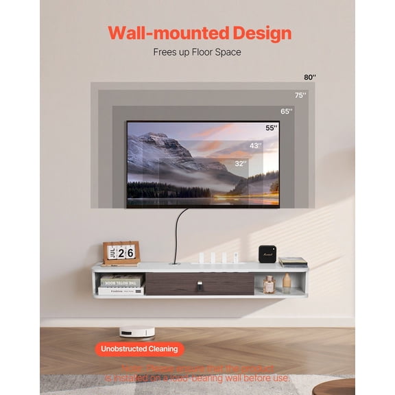 Floating TV Stand,47 in Wall Mount Entertainment Center with Cable Hole,Modern Floating TV Shelf with Storage Cabinet,Particle Board Console for DVD Player,Cable Box,Game Console,White