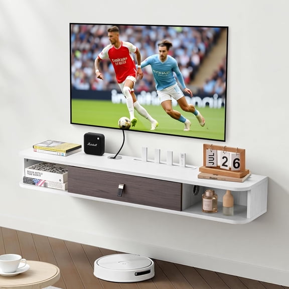Floating TV Stand, 47'' Wall Mounted TV Console Modern Floating Entertainment Center Under TV Shelf with Storage Cabinet, for Bedroom & Living Room, White
