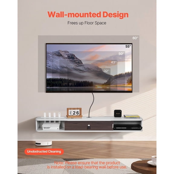 Floating TV Stand,55 in Wall Mount Entertainment Center with Cable Hole,Modern Floating TV Shelf with Storage Cabinet,Particle Board Console for DVD Player,Cable Box,Game Console,White