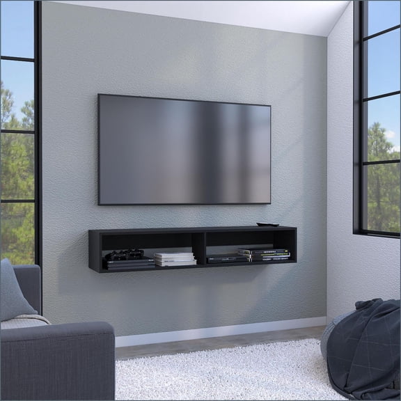 Floating TV Stand 59” with 2 Open Shelves & Cable Management | Modern | Black