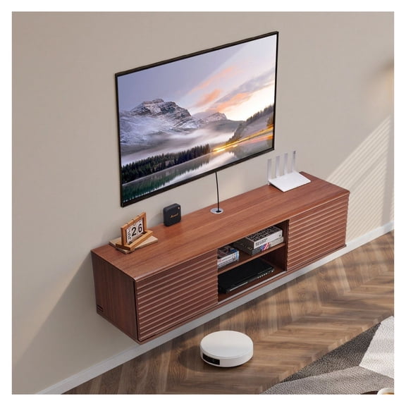 Floating TV Stand 60 Inch, Wall Mount Entertainment Center with Adjustable Shelf & Sliding Doors, Walnut Finish, TV Cabinet for DVD, Cable Box, Gaming Console