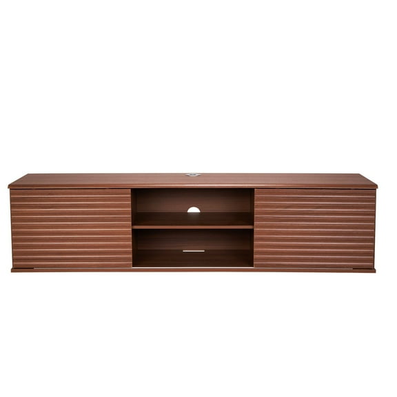 Floating TV Stand 60 Inch Wall Mounted Entertainment Center with Adjustable Shelves Sliding Doors Two Tier Storage Cabinets for DVD Players Set Top Boxes Game Consoles Walnut Wood Color