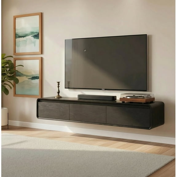 Floating TV Stand, 63in Modern Wall-Mounted Entertainment Center with 3 Flip-Down Cabinet Doors, Minimalist TV Console for Living Room Bedroom Media Room, Black