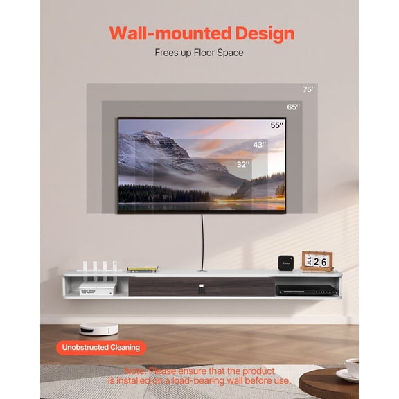 Floating TV Stand,70 in Wall Mount Entertainment Center with Cable Hole,Modern Floating TV Shelf with Storage Cabinet,Particle Board Console for DVD Player,Cable Box,Game Console,White