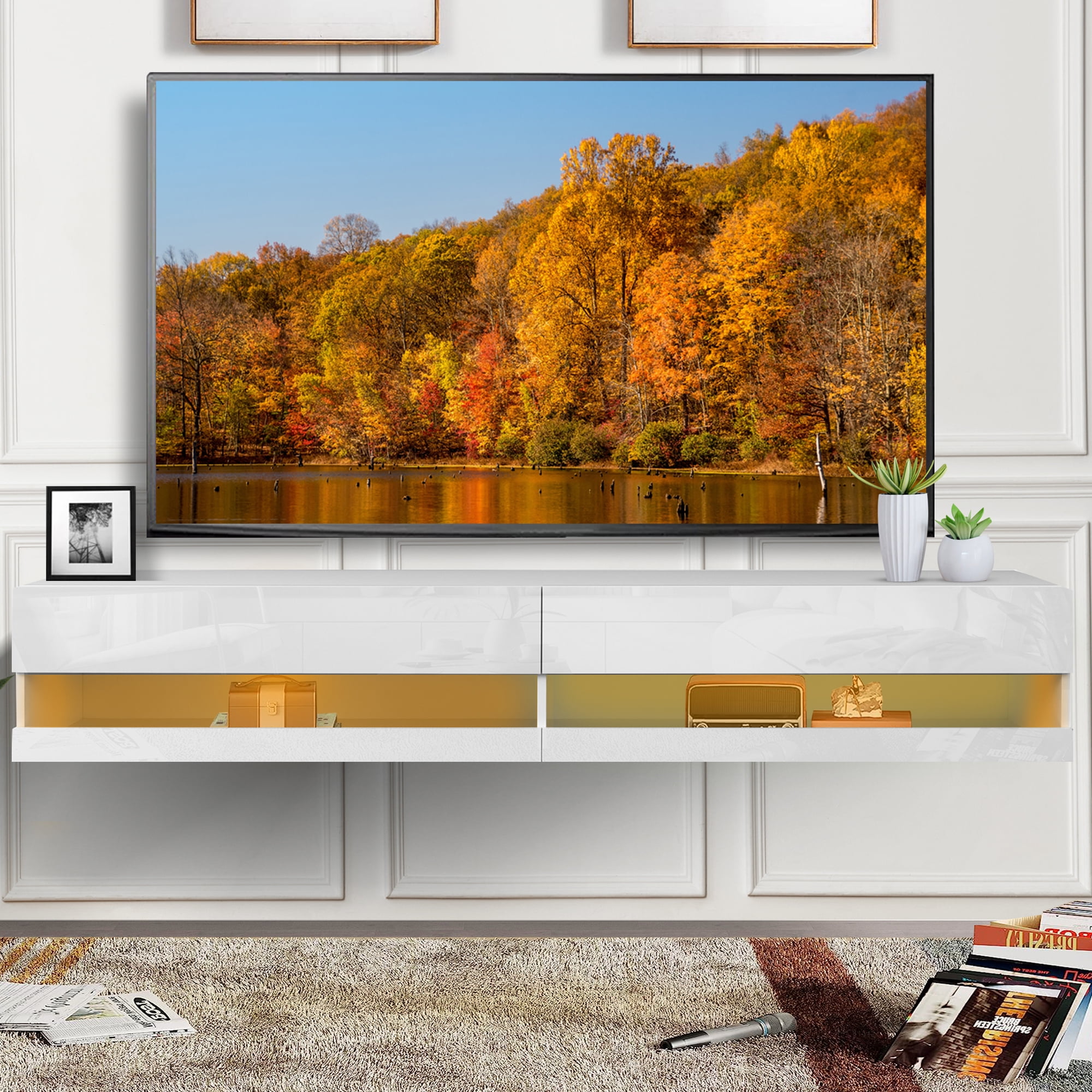 Floating TV Stand for 80 inch TVs, HSUNNS Wall Mounted Entertainment