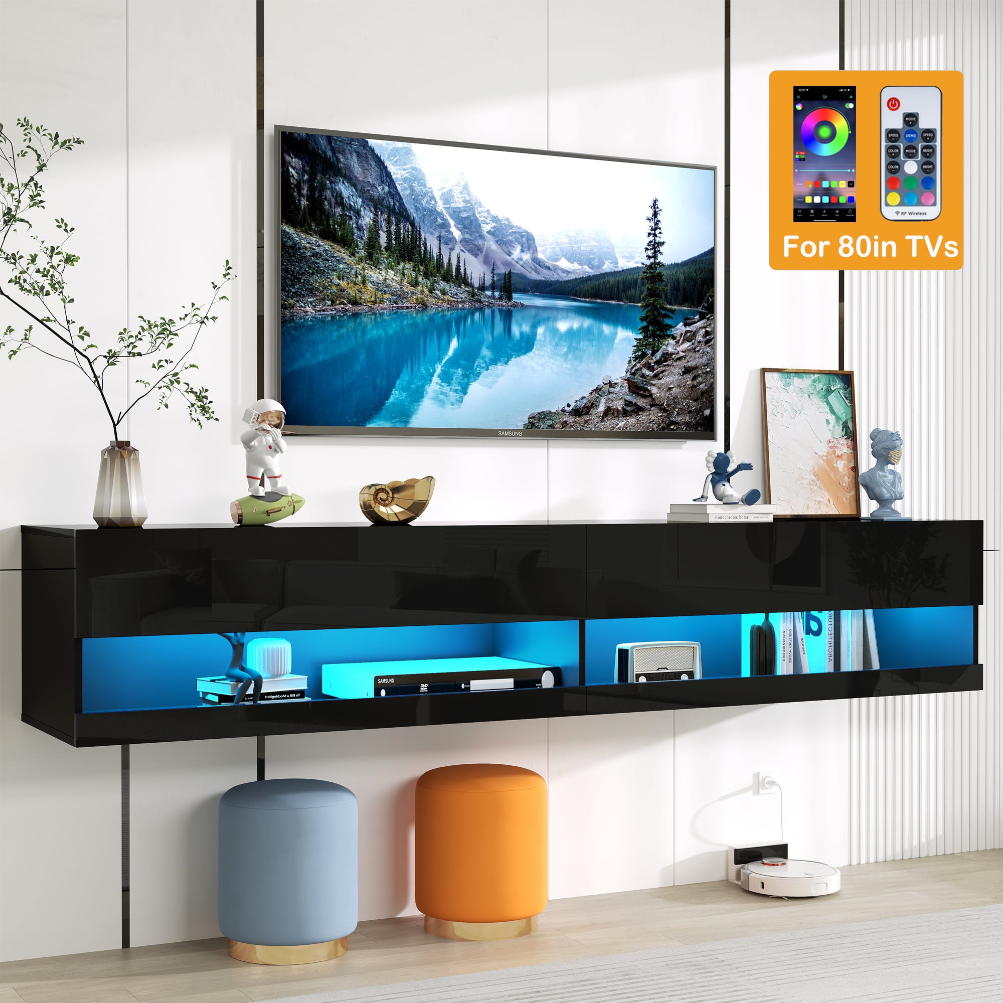Floating TV Stand for 80 inch TVs, Paproos Wall Mounted Floating