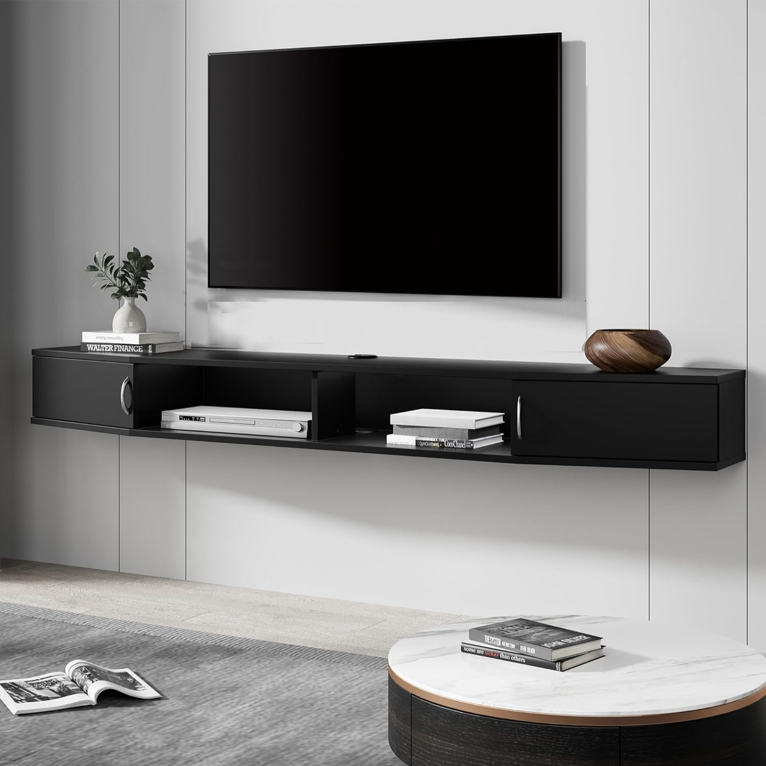 Floating TV Stand with Wall Mounted TV with Door Media Console