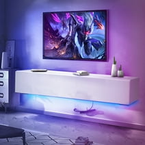 Floating TV Stand with LED Lights 55" Wall Mounted Modern White Entertainment Center High Gloss TV Cabinet Media Console with Storage & Doors for up to 63 inch TVs