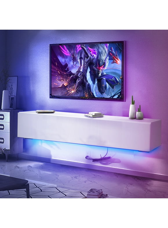 Floating TV Stand with LED Lights 55" Wall Mounted Modern White Entertainment Center High Gloss TV Cabinet Media Console with Storage & Doors for up to 63 inch TVs