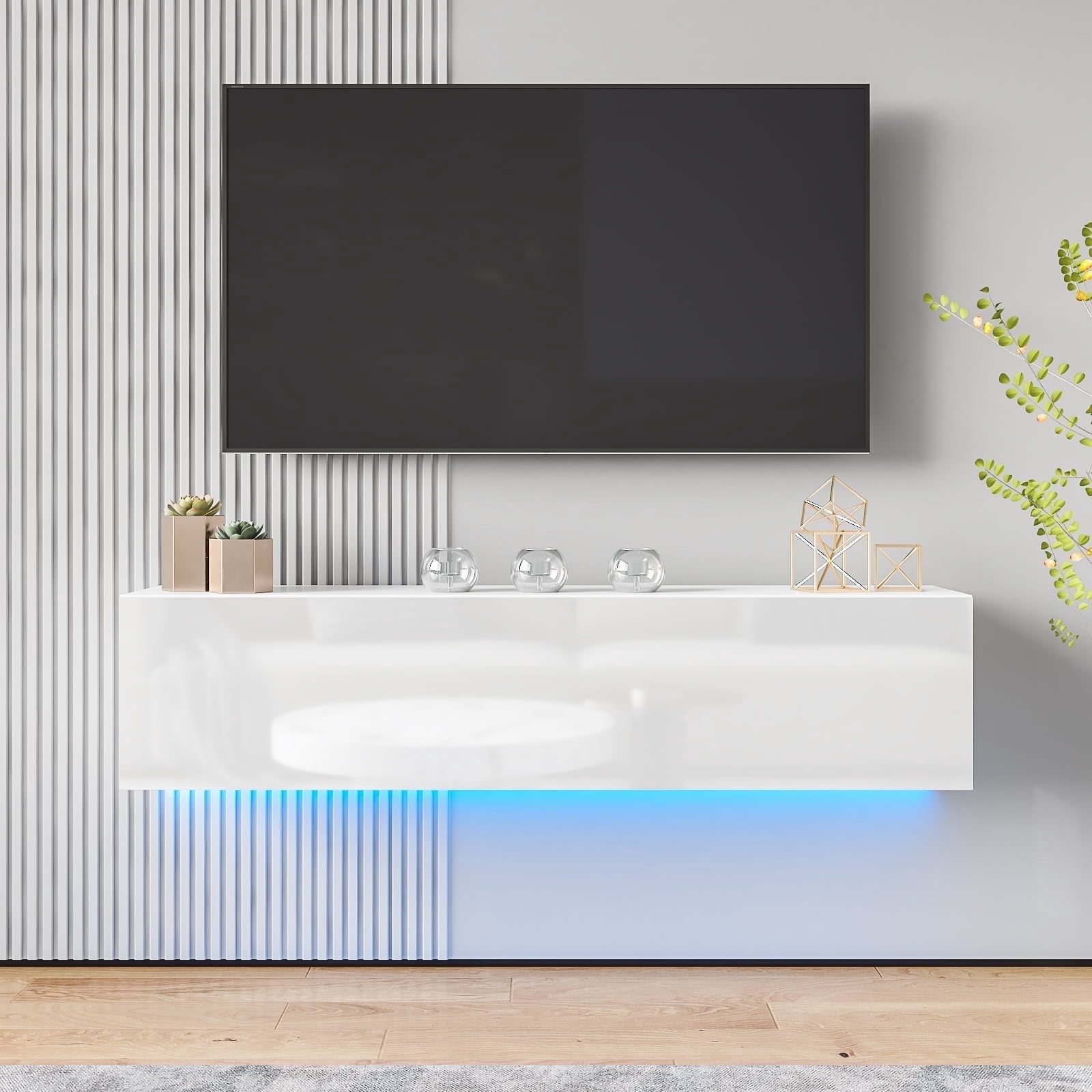 Hommpa Floating TV Stand with LED Lights 55" Wall Mounted Modern White Entertainment Center High Gloss TV Cabinet Media Console with Storage & Doors for up to 65 inch TVs