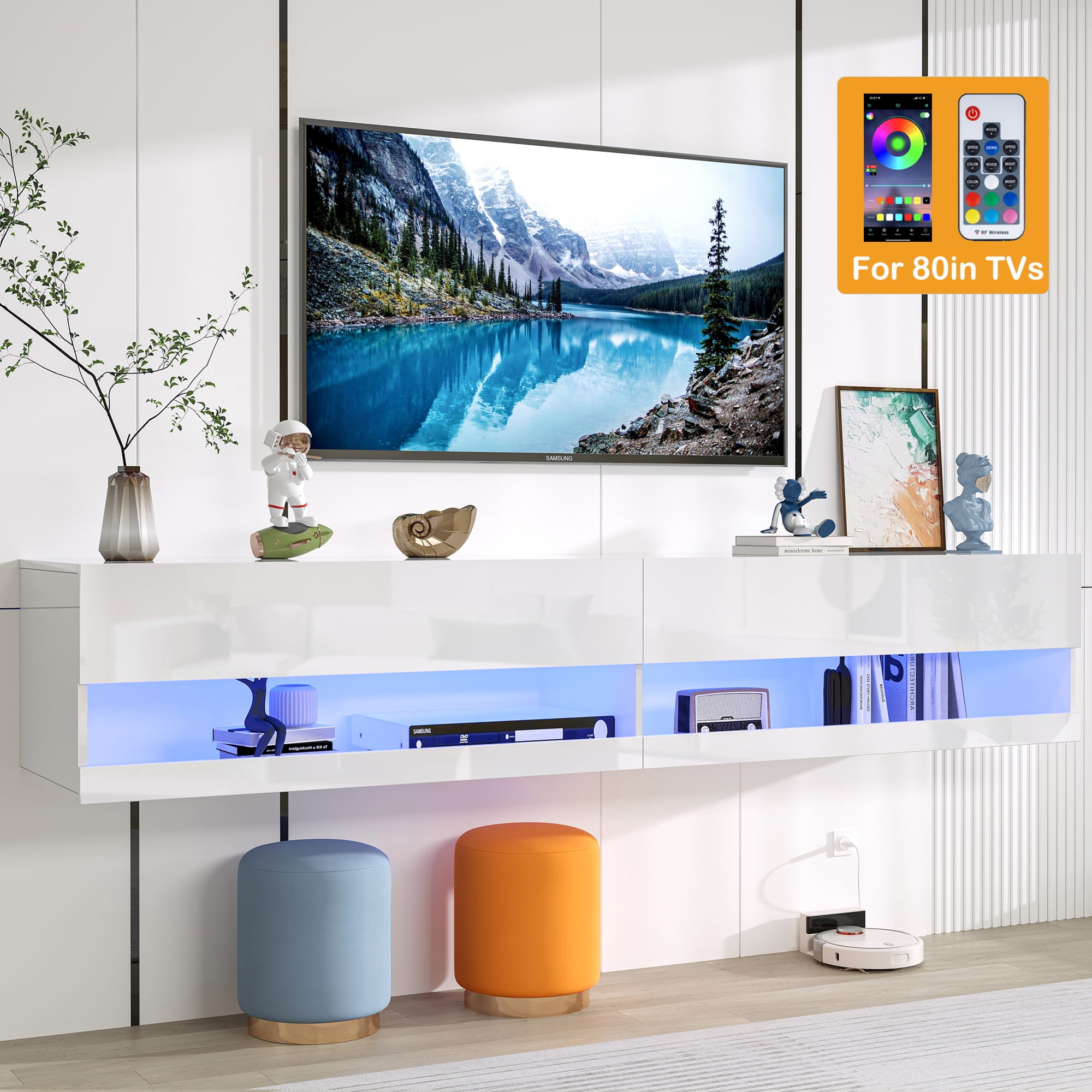 Floating TV Stand with LED Lights, PAPROOS High Gloss Wall Mounted