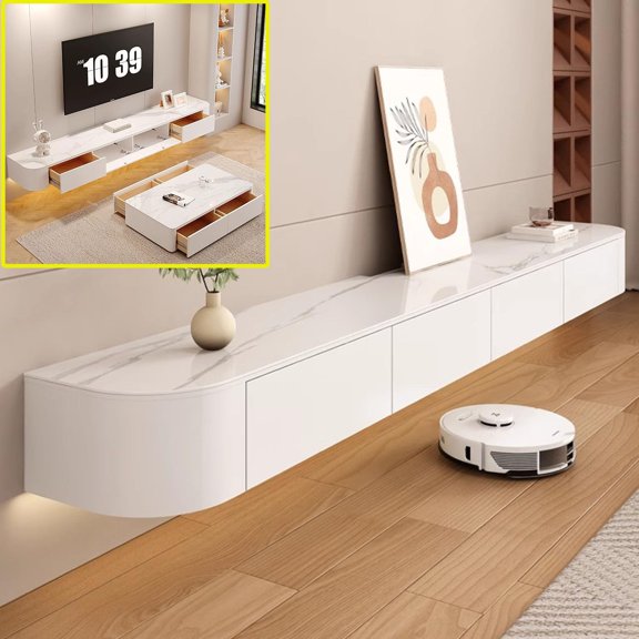 Floating TV Stand Large Wall Mounted Media Console with Multi Storage Compartment Low Bench Under TV Cabinet, Modern Rock White 47.2 x 7.9 x 9.4 Inches