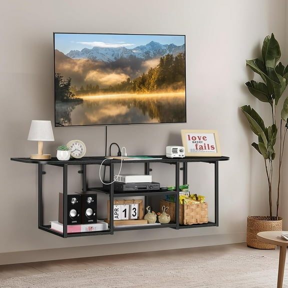 Floating TV Stand with Power Outlet, 47 Inch Wall Mounted Entertainment Center with 3-Tier Shelves & USB Charging, Modern Media Console for Living Room, Black