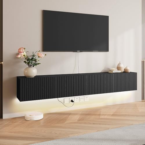 Floating TV Stand Wall Mounted, 71" Floating TV Shelf Cabinet with LED Lights & Power Outlet, Black Midia Console Entertainment Center with Fluted Storage for Under TV Living Room Bedroom$$Furniture