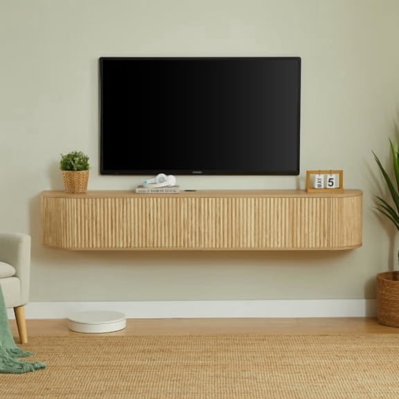 Floating TV Stand Wall Mounted Entertainment Center, 71" Media Console with Fluted Doors and Cable Management Holes for Living Room Bedroom, Natural