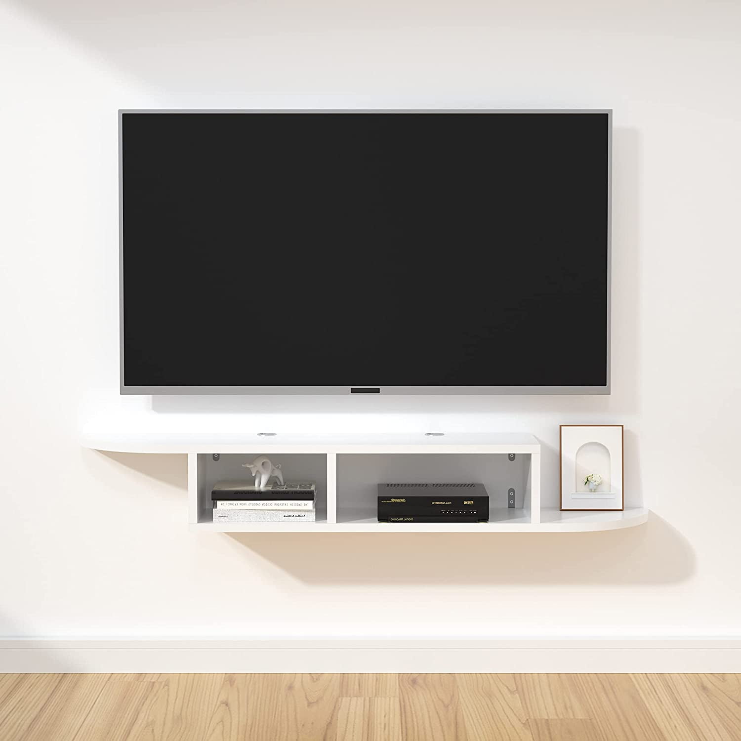Floating TV Stand, Wall Mounted Entertainment Center and Cabinet Shelf, TV Console with Storage, Media Console for DVD Player, Space-Saving Under TV Shelf for Bedroom, Living Room (White)