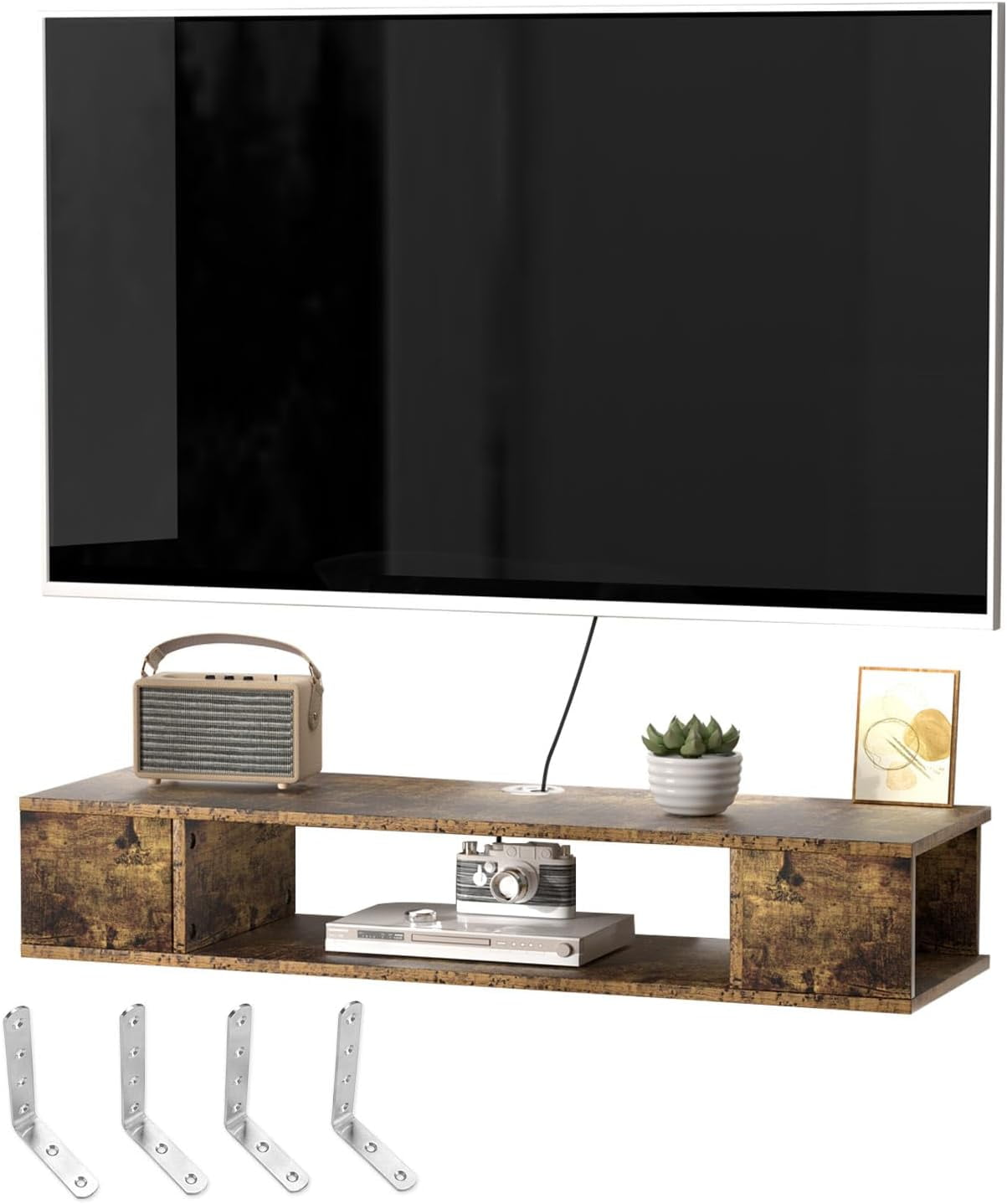 Floating TV Stand, Wall Mounted Entertainment Center and Cabinet Shelf, TV Console with Storage, Media Console for DVD Player, Space-Saving Under TV Shelf for Bedroom (Rustic Brown)