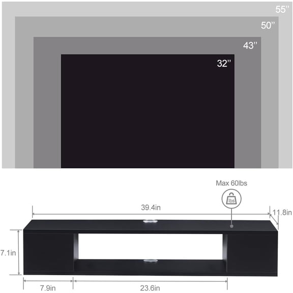 Floating TV Stand, Wall Mounted Entertainment Center and Cabinet Shelf, TV Console with Storage, Media Console for DVD Player, Space-Saving Under TV Shelf for Bedroom, Living Room (Black)