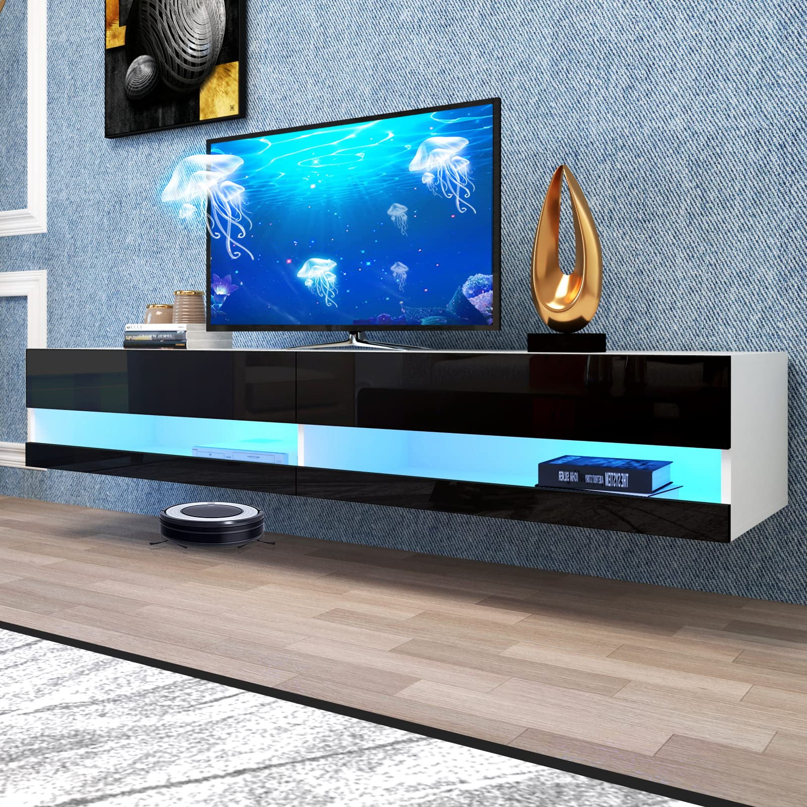 Floating TV Stand Wall Mounted with LED Lights, Floating TV for