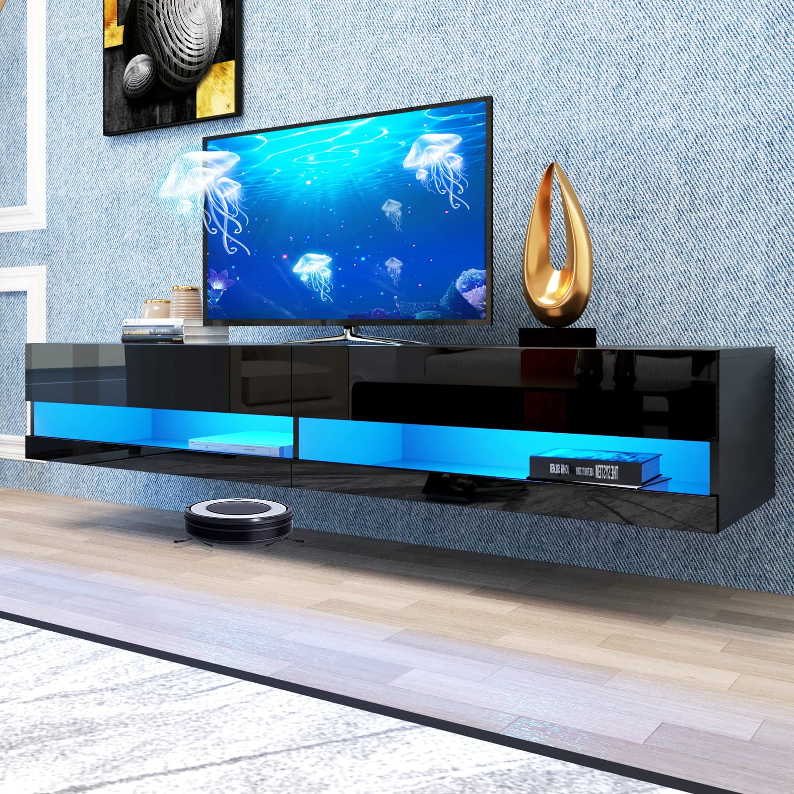 Floating TV Stand Wall Mounted with LED Lights, Floating TV for