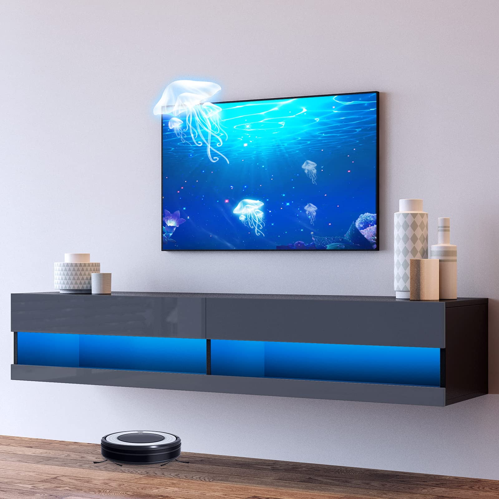 Floating TV Stand Wall Mounted with LED Lights, Floating TV for