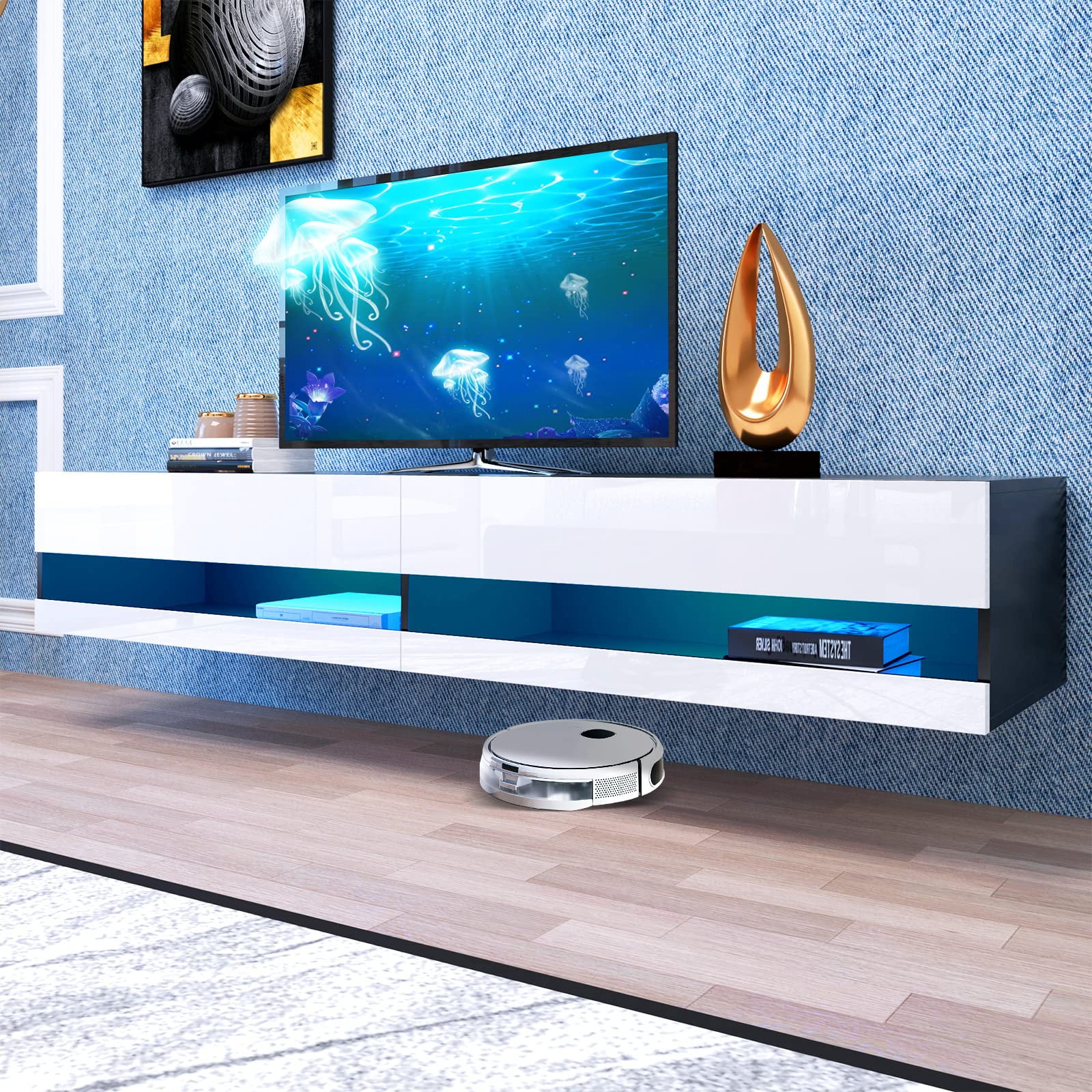 Floating TV Stand Wall Mounted with LED Lights, Floating TV for