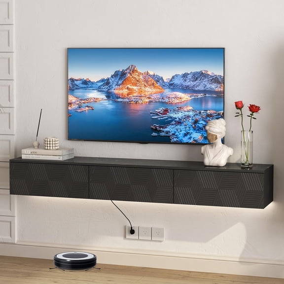 Floating TV Stand Wall Mounted with Power Outlet, Modern Floating Entertainment Center for 75 Inch TV, High Gloss Floating TV Shelf with LED Lights for Living Room, Bedroom, Lounge Room,Black Finish