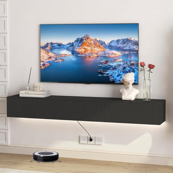 Floating TV Stand Wall Mounted with Power Outlet, Modern Floating Entertainment Center for 80 Inch TV, High Gloss Floating TV Shelf with LED Lights for Living Room, Bedroom, Lounge Room,Black