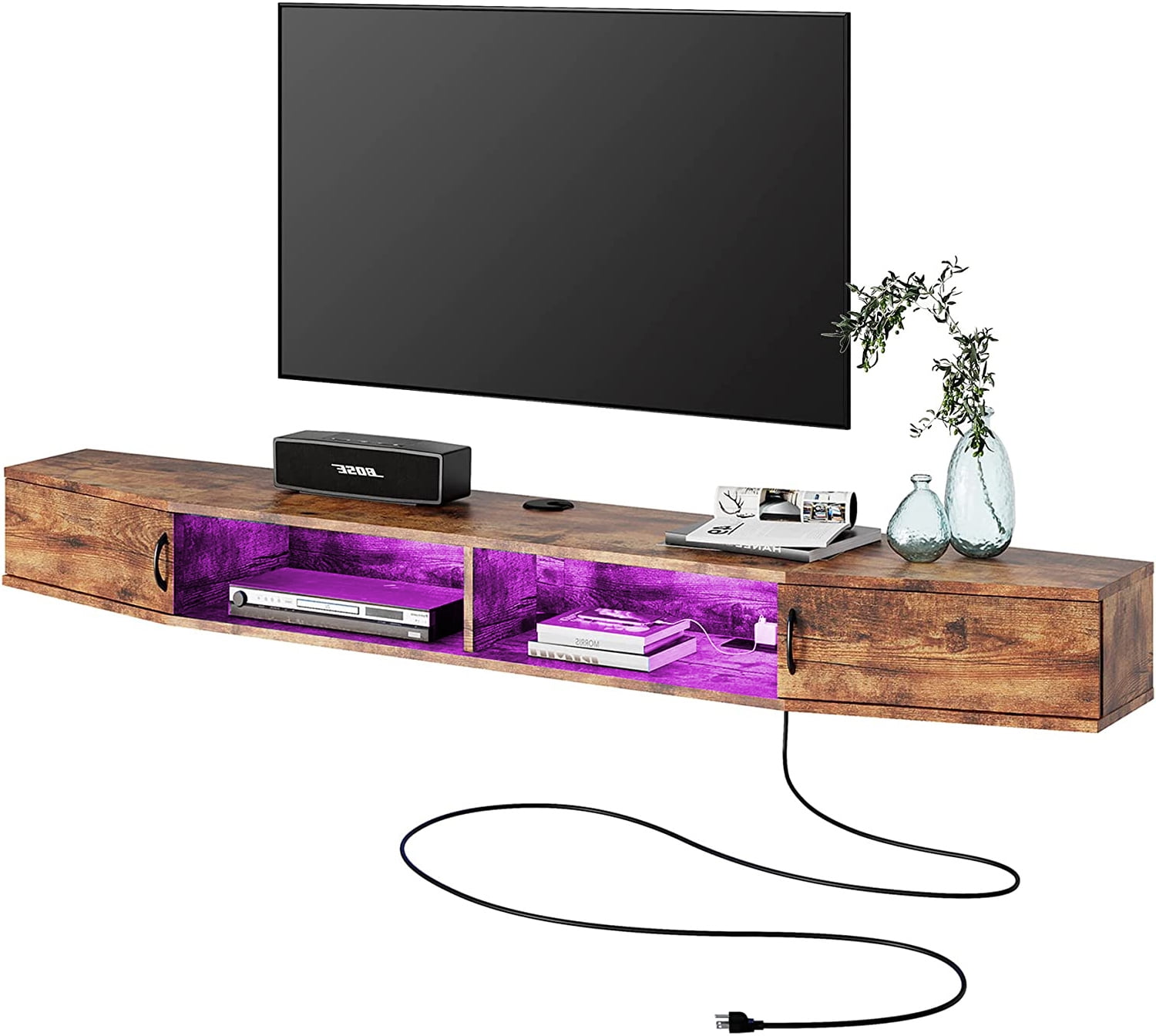 Floating TV Stand Wall Mounted Shelf with 16 LED Lights, Wood Media Console Entertainment Center Under TV, Cabinet Hutch Desk Storage for Home and Office,Rustic Brown