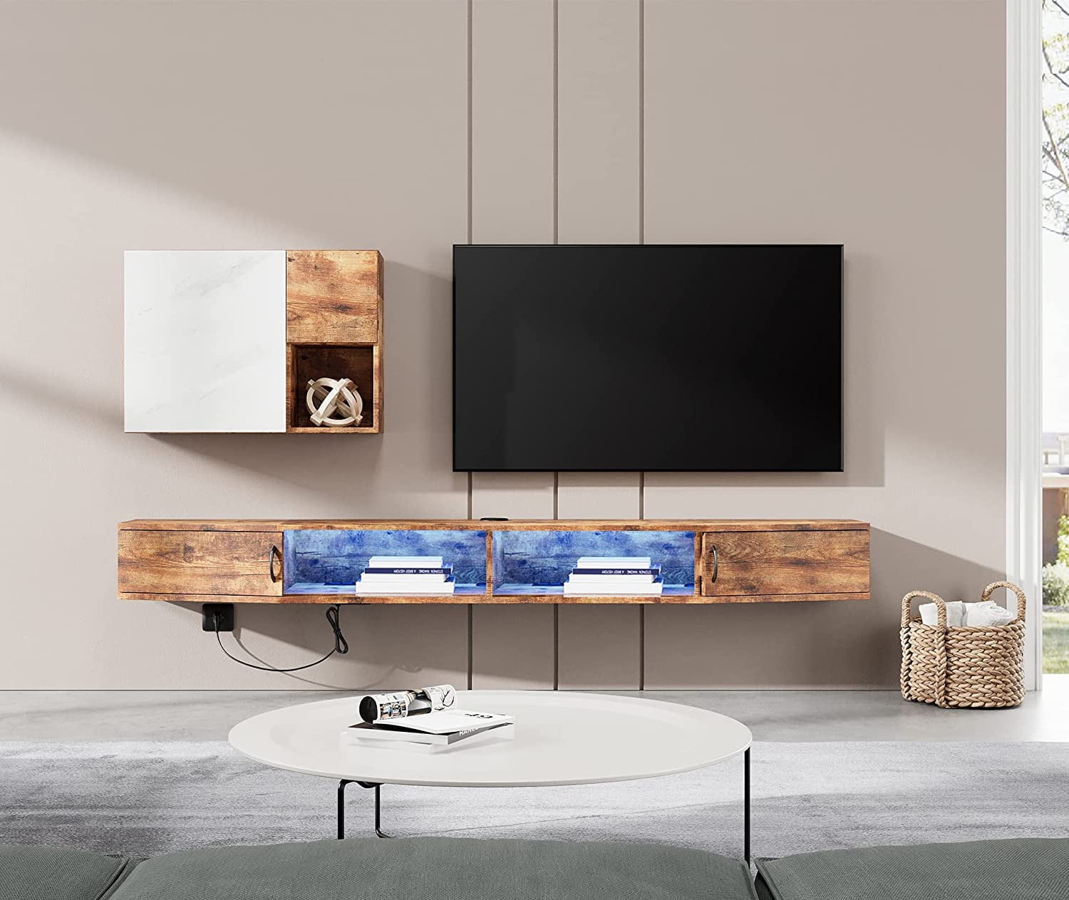 Floating TV Stand Wall Mounted Shelf with Blue LED Lights, Wood Media Console Entertainment Center Under TV, Cabinet Hutch Desk Storage for Living Room,Rustic Brown