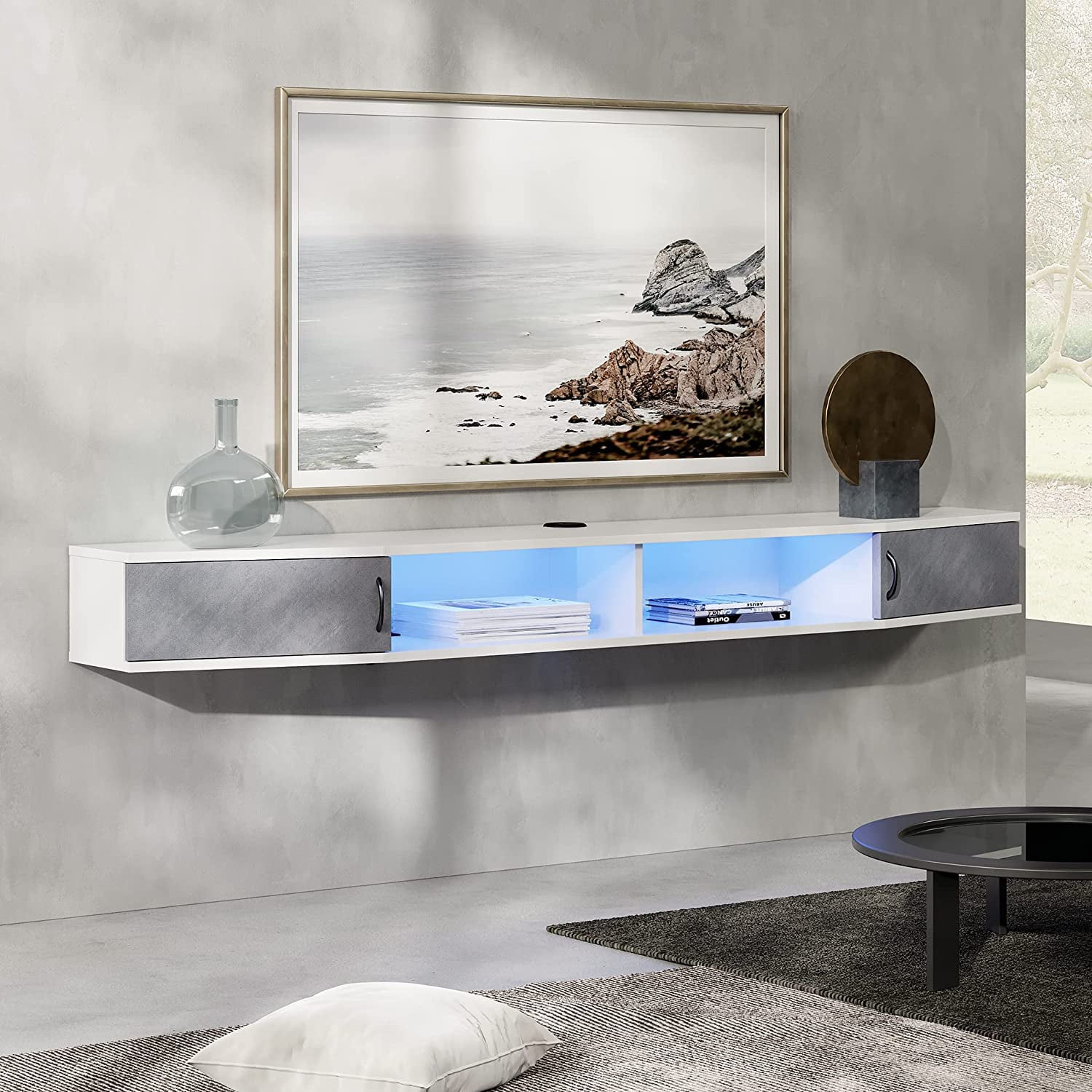 Floating TV Stand Wall Mounted Shelf with Blue LED Lights Wood Media Console Entertainment Center Under TV Cabinet Hutch Desk Storage for Home and Office Black Walmart