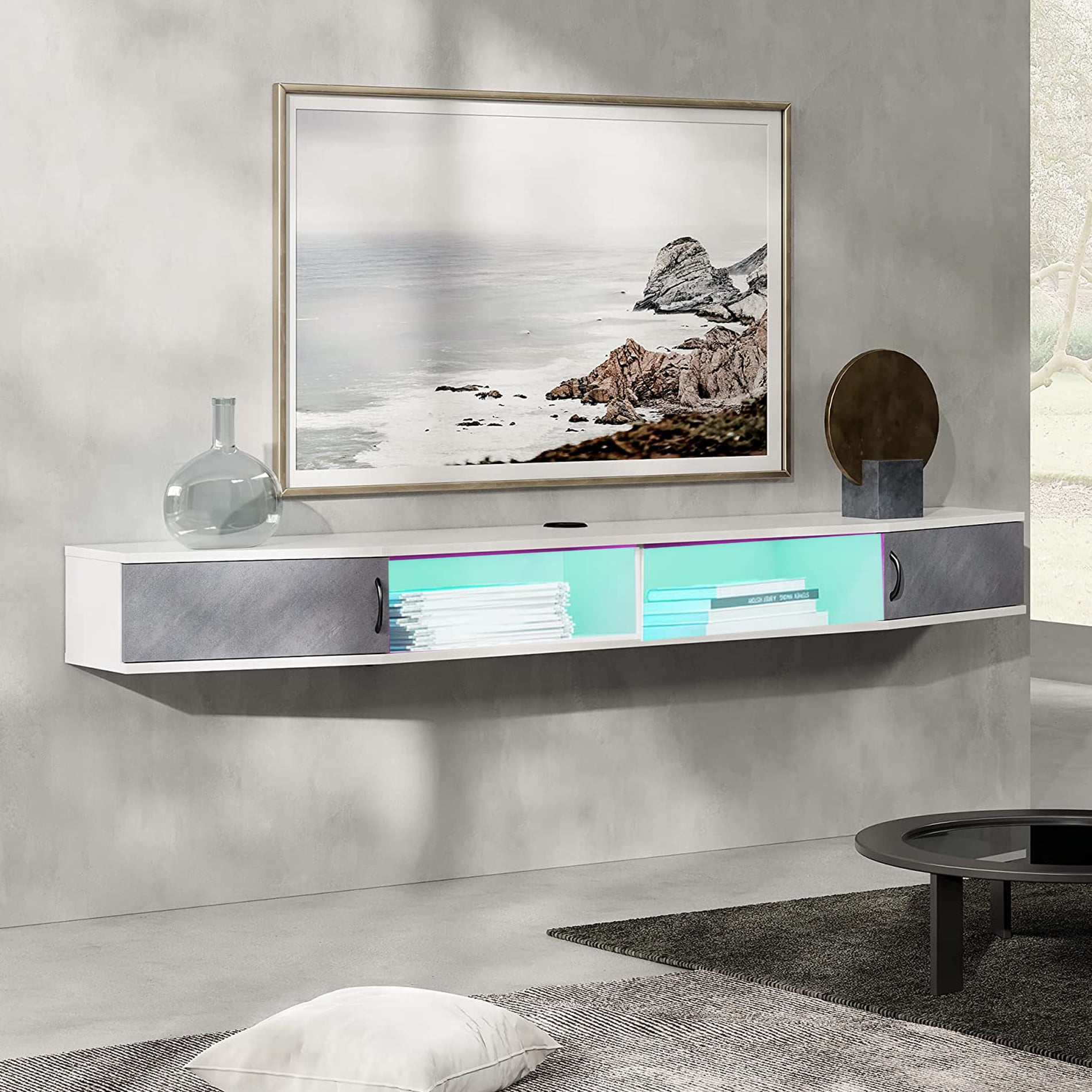 Floating TV Stand Wall Mounted Shelf with Colorful LED Lights, Wood Media Console Entertainment Center Under TV, Cabinet Hutch Desk Storage for Home and Office,Black