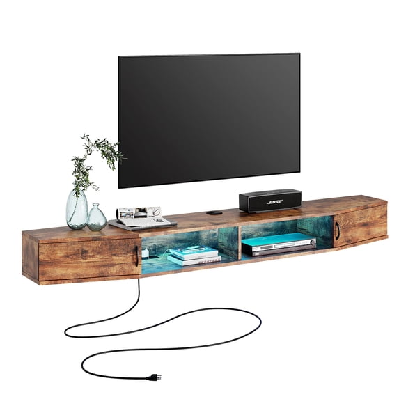 Floating TV Stand Wall Mounted Shelf with Colorful LED Lights, Wood Media Console Entertainment Center Under TV, Cabinet Hutch Desk Storage for Living Room,Rustic Brown